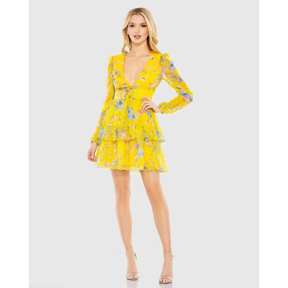 NWT Mac Duggal Yellow Floral Print Puff Sleeve Ruffled Mini Dress Size 2
